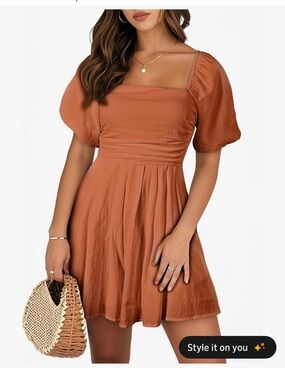 Rust Puff-Sleeve Women’s Romper - Elegant Square Neck